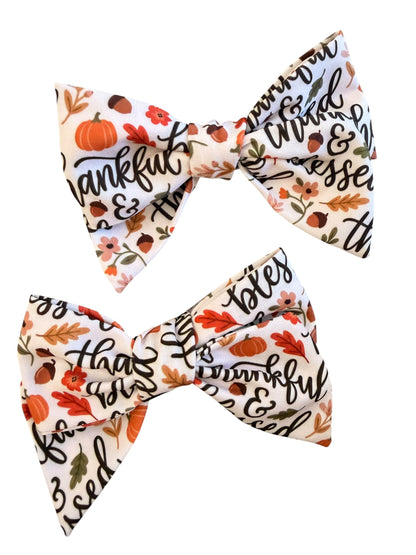 Thankful & Blessed Fabric Sailor Hair Bow – Thanksgiving Hair Bow for Girls
