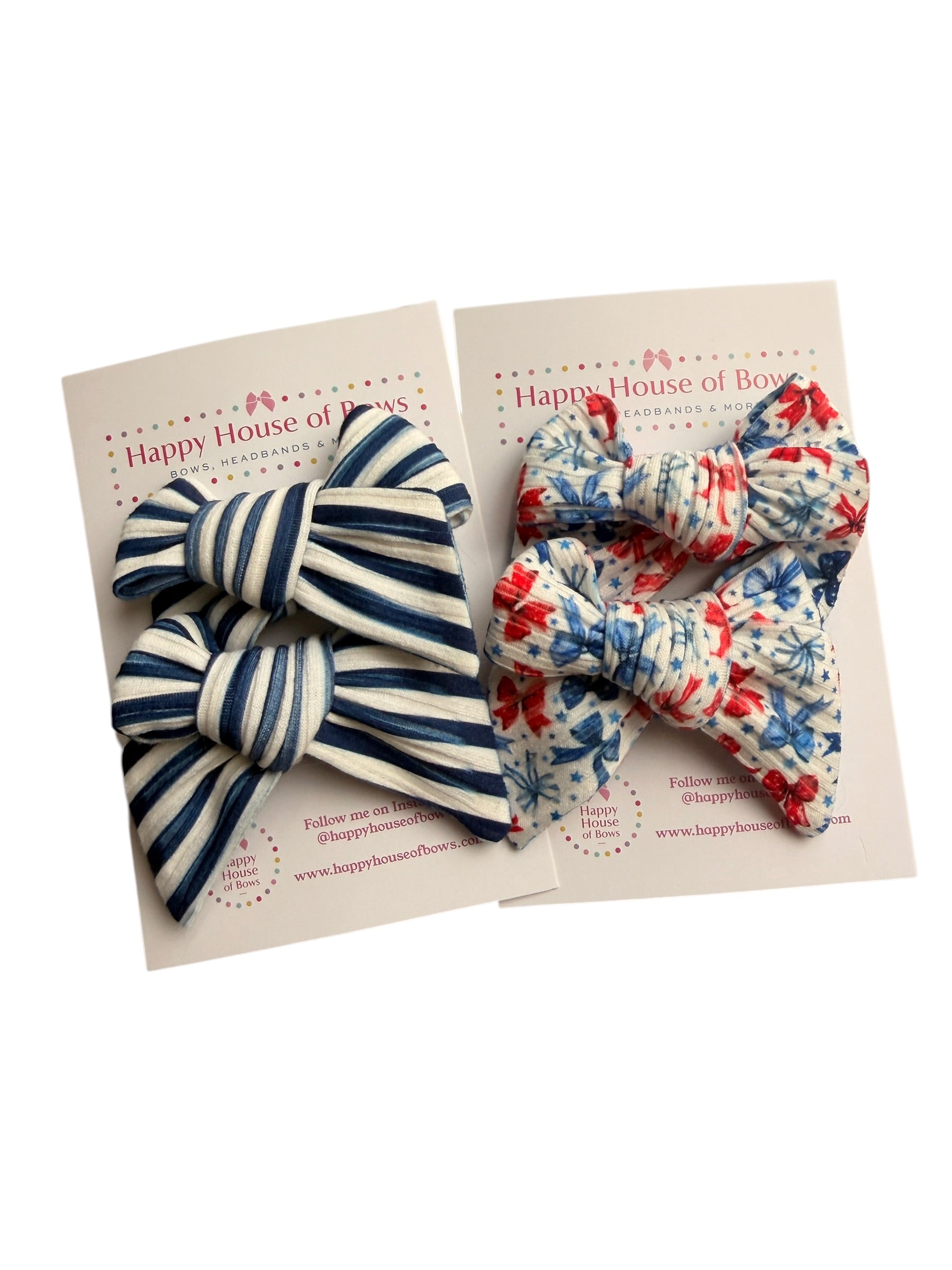 Two fabric bows on a card with 'Happy House of Bows' branding.