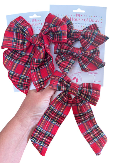 Holiday Red Flannel Hair Bow - Red Plaid Christmas Bow for Girls