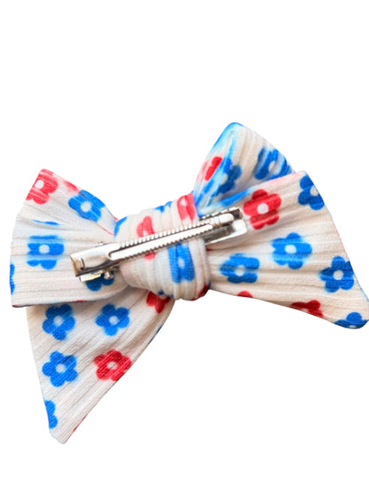 Patriotic Floral Hair Bows for Girls | White with Red & Blue Flowers | 4th of July