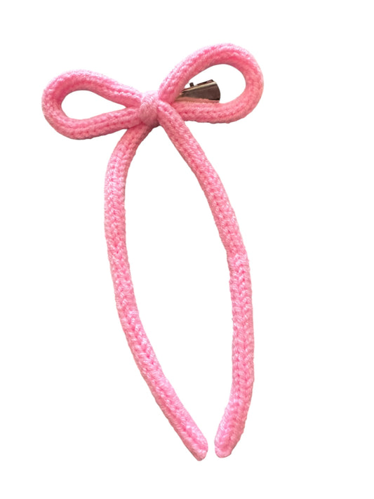 Bright Pink Knit Hair Bows for Girls - Long Tail Coquette Bows in 2 Sizes