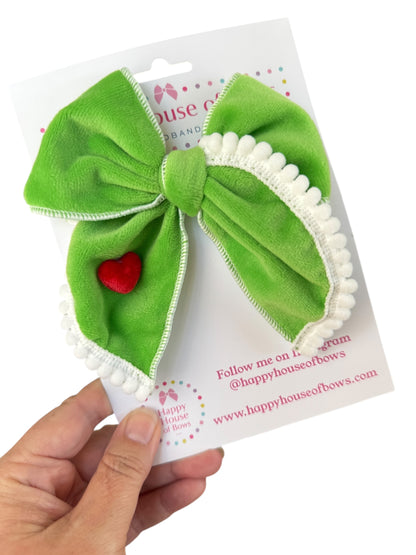Grinch Hair Bow - Grinch Green & Red Heart Bow