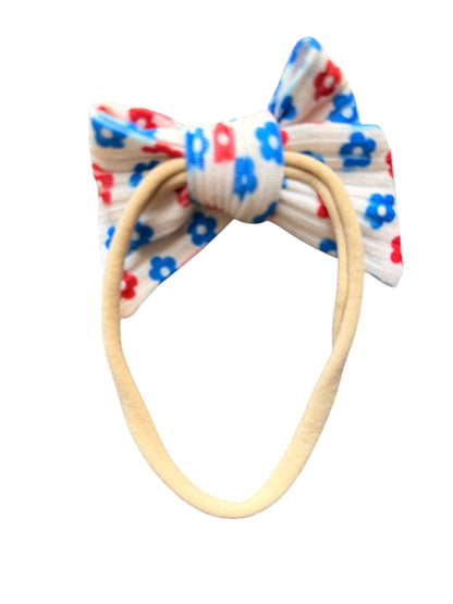 Patriotic Floral Hair Bows for Girls | White with Red & Blue Flowers | 4th of July