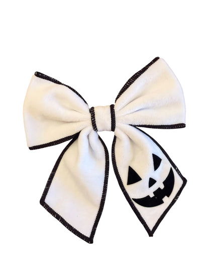 Velvet Pumpkin Jack-O-Lantern Sailor Hair Bow – Halloween Bow for Girls