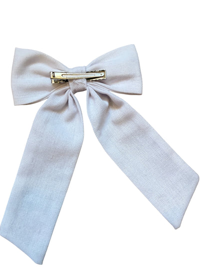 White Linen Star Hair Bow – Patriotic Long Tail Bow for 4th of July