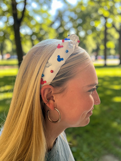 Patriotic Mouse Tie Knot Headband for Girls – Red, White & Blue 4th of July Hair Accessory