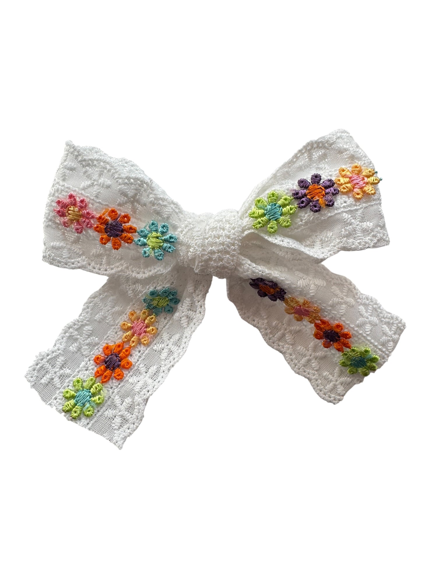 White Daisy Lace Hair Bows for Girls – Floral Embroidered Bows with Alligator Clip