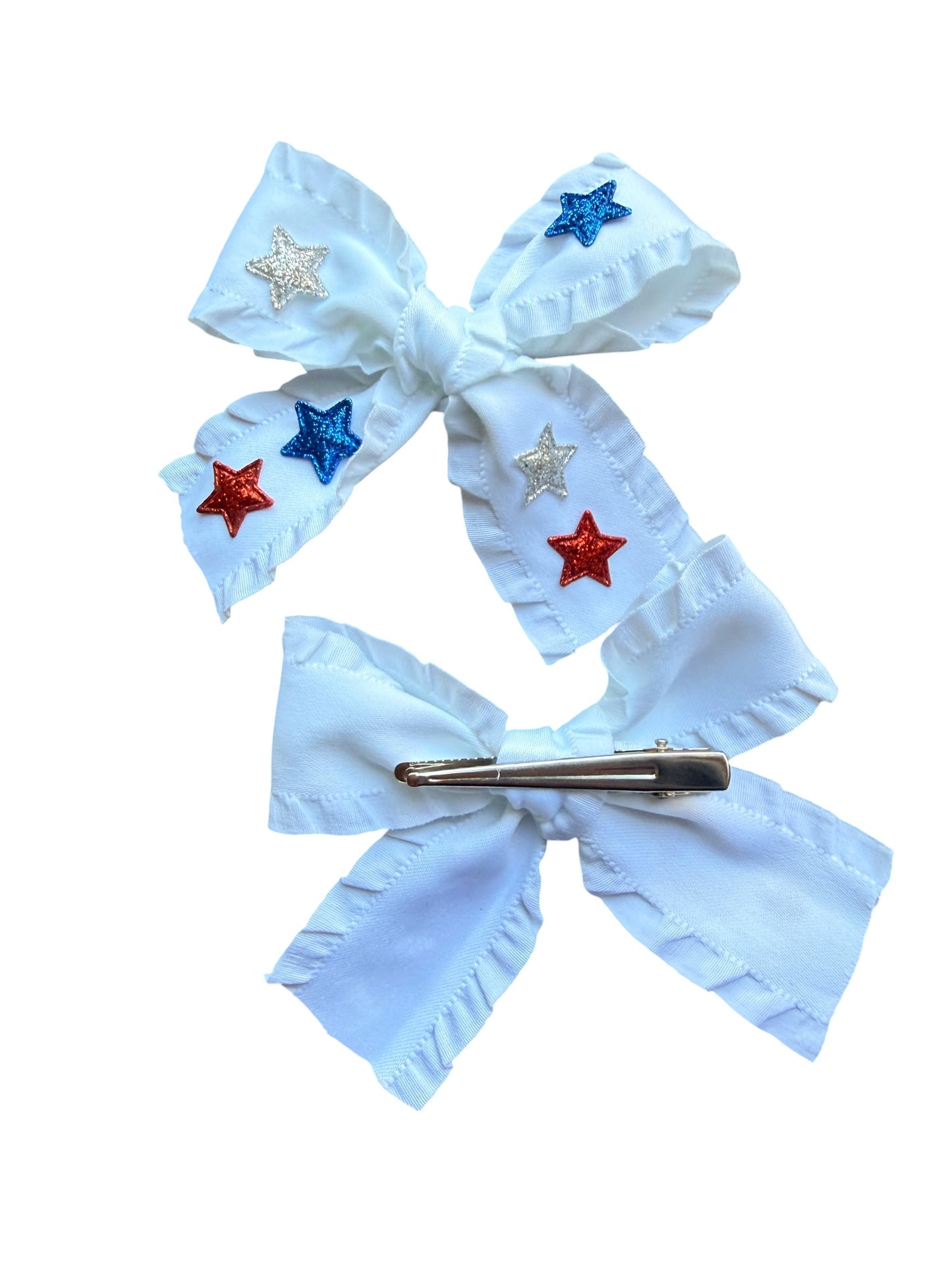 Patriotic Ribbon Hair Bows with Red, Blue & Silver Stars for Girls | 4th of July