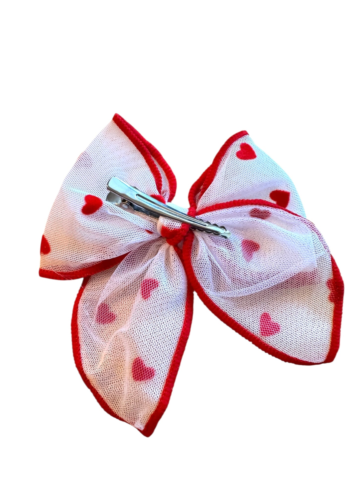 Red Trim Tulle Velvet Heart Hair Bows - Valentine's Day Hair Bows for Girls
