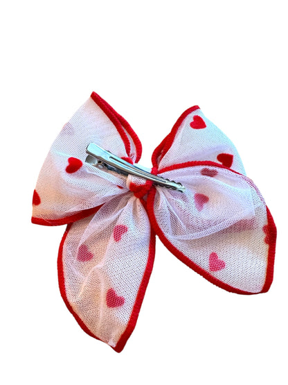 Red Trim Tulle Velvet Heart Hair Bows - Valentine's Day Hair Bows for Girls