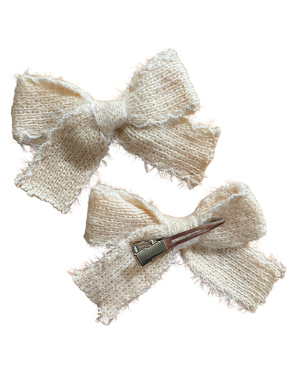 Knit and White Trim Pigtails Hair Bows for Girls - Soft Knit Pigtail Clips