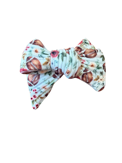 Cream Floral Football Hair Bows on Clip
