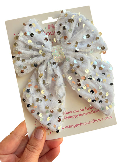 Patriotic Velvet Hair Bow with Sequins – Red White & Blue Alligator Clip Bow for Girls