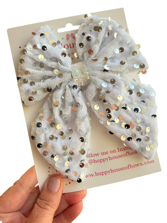 Patriotic Velvet Hair Bow with Sequins – Red White & Blue Alligator Clip Bow for Girls