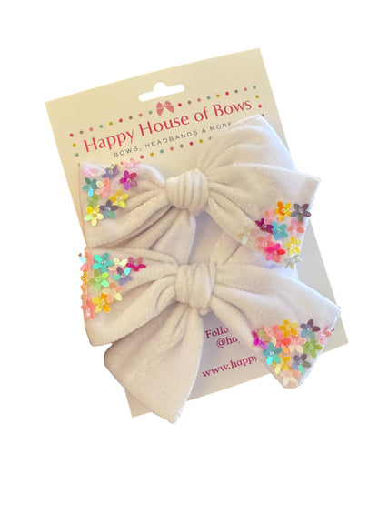Velvet Hair Bows with Sequin Flowers - Girls Alligator Clip Bows
