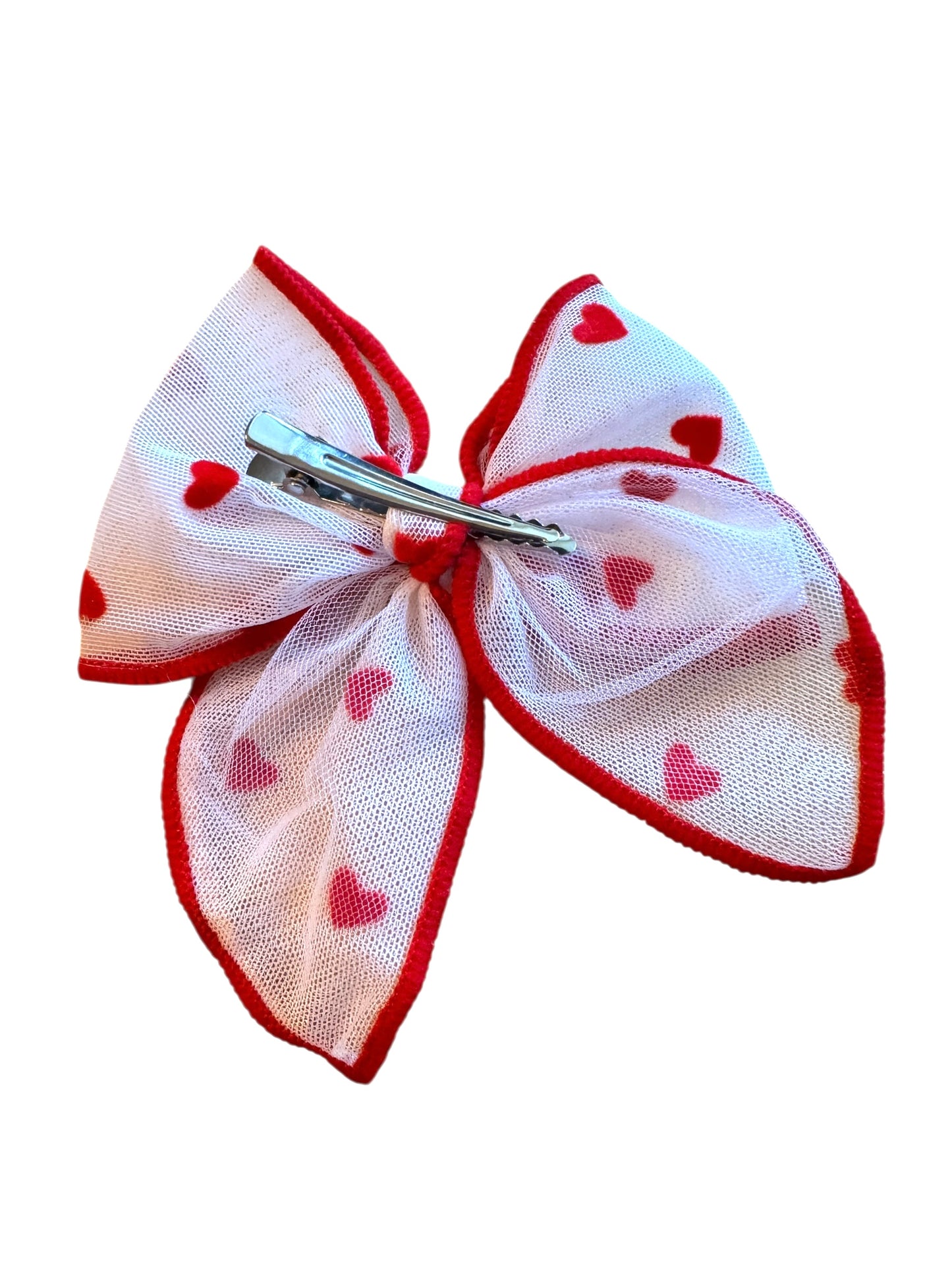 Red Trim Tulle Velvet Heart Hair Bows - Valentine's Day Hair Bows for Girls