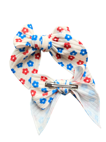 Patriotic Floral Hair Bows for Girls | White with Red & Blue Flowers | 4th of July