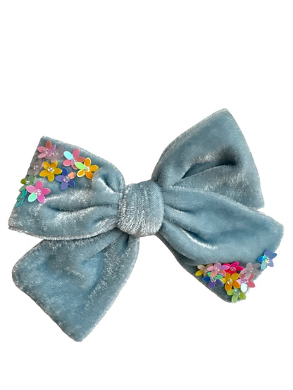 Velvet Hair Bows with Sequin Flowers - Girls Alligator Clip Bows