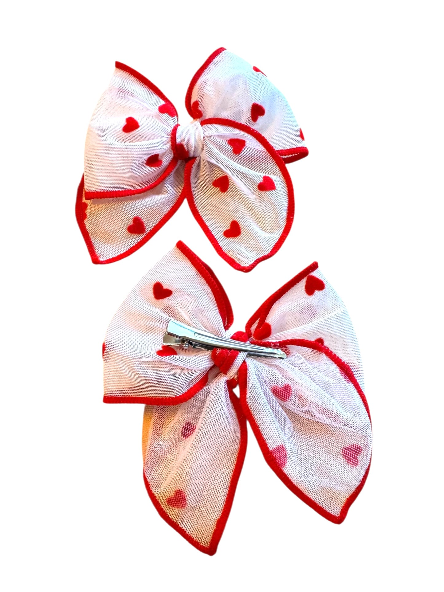 Red Trim Tulle Velvet Heart Hair Bows - Valentine's Day Hair Bows for Girls