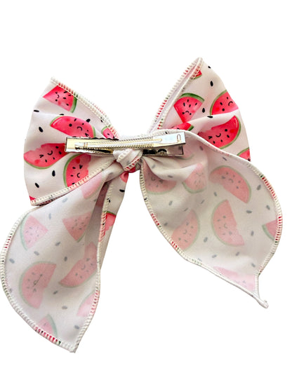 Pink Watermelon Hair Bow for Girls | Summer Alligator Clip & Pigtail Set