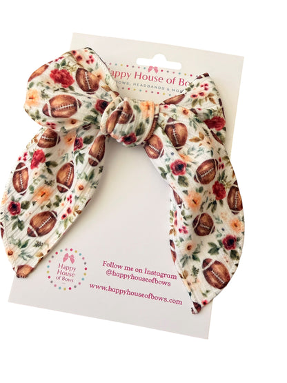 Cream Floral Football Hair Bows on Clip