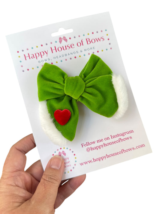 Grinch Hair Bow - Grinch Green & Red Heart Bow