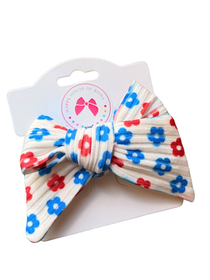 Patriotic Floral Hair Bows for Girls | White with Red & Blue Flowers | 4th of July