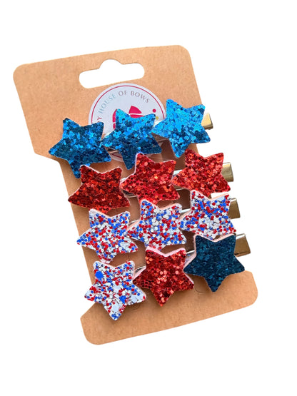 Patriotic Glitter Star Hair Clips for Girls | Red, White & Blue