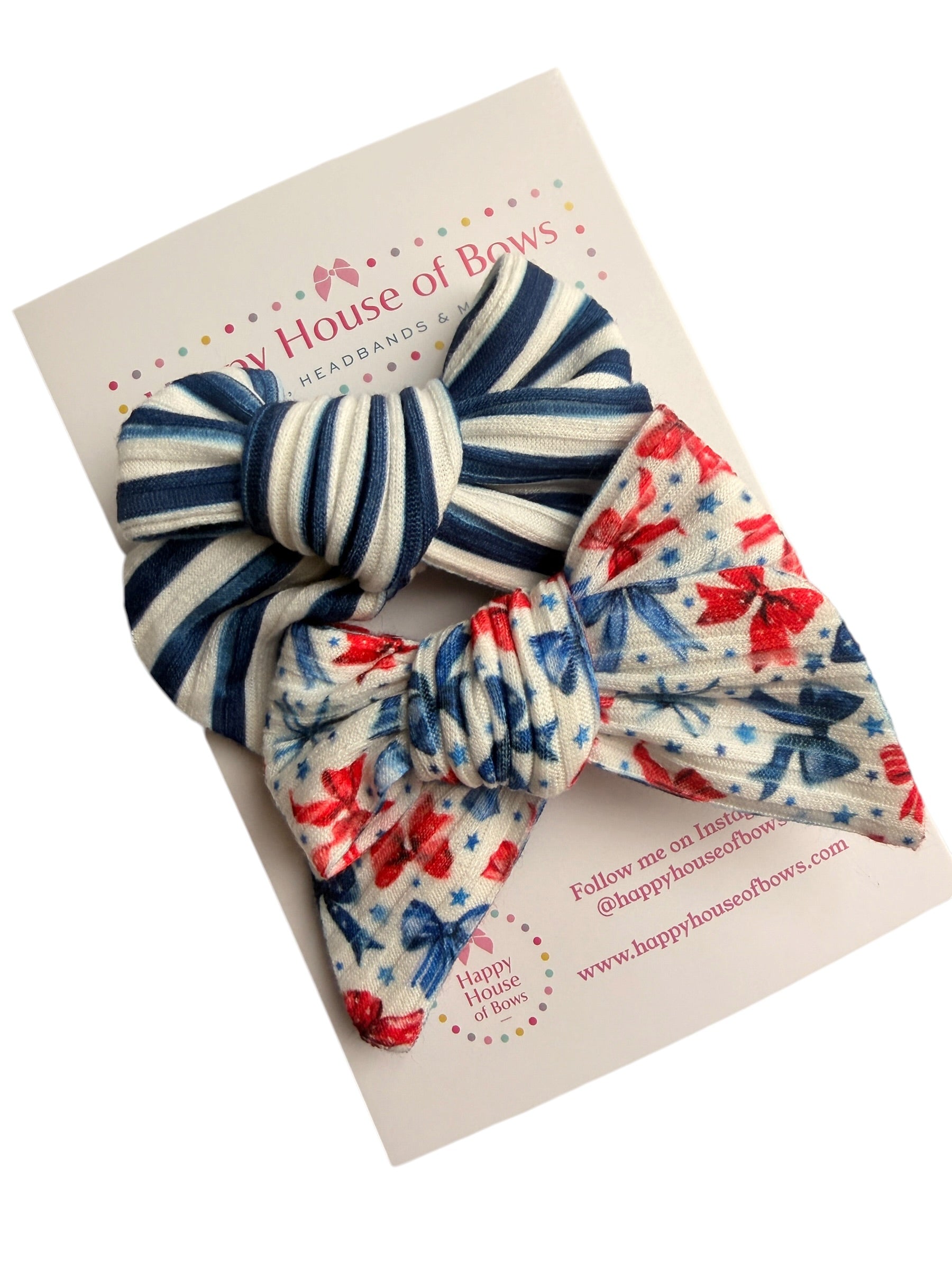 Two hair bows on a card with 'My House of Bows' branding.