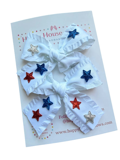 Patriotic Ribbon Hair Bows with Red, Blue & Silver Stars for Girls | 4th of July