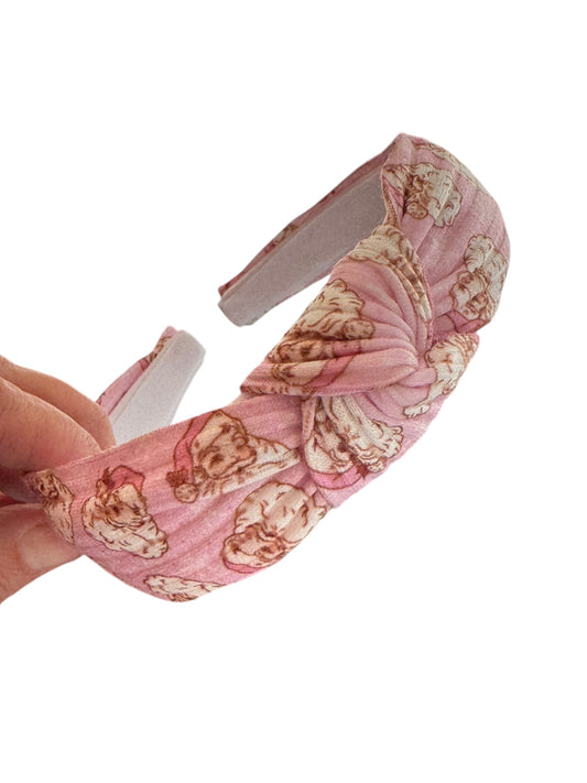 Vintage Pink Santa Knotted Headband - Christmas Holiday Headbands
