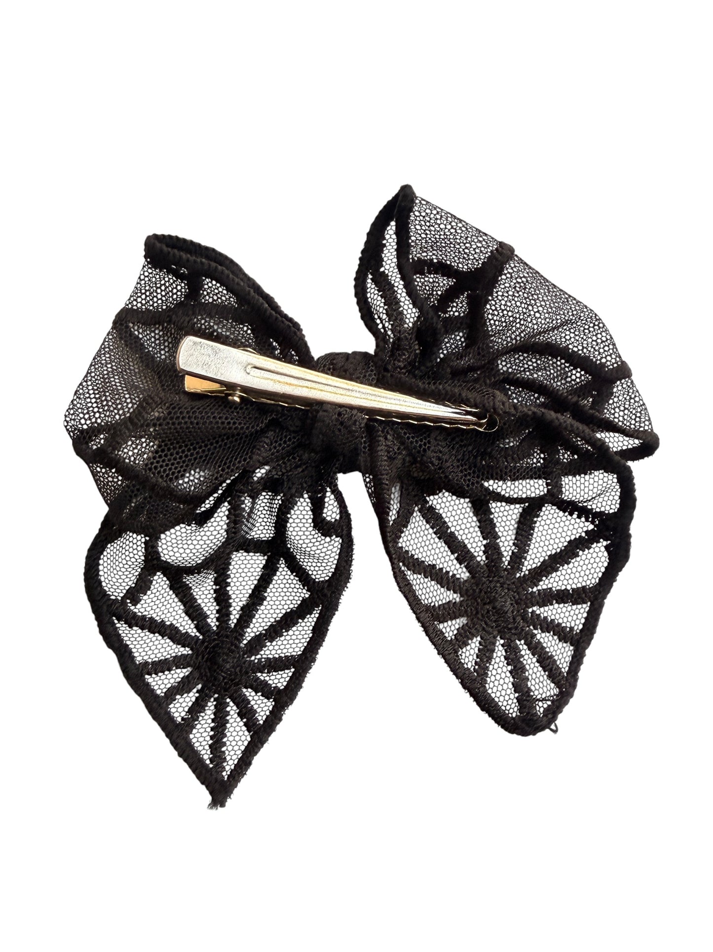 A black lace hair bow hair clip with a silver metal spring clip mechanism, shown against a plain white background.