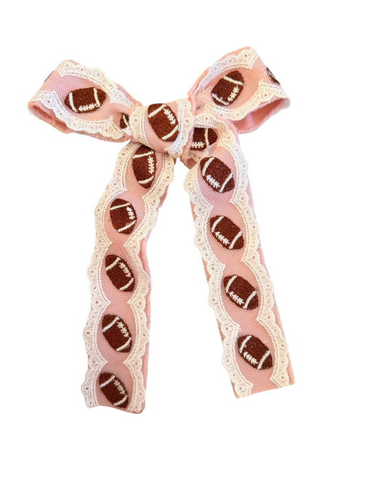 Pink Football Lace Long Tail Hair Bow – Game Day Bow for Girls