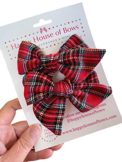 Holiday Red Flannel Hair Bow - Red Plaid Christmas Bow for Girls