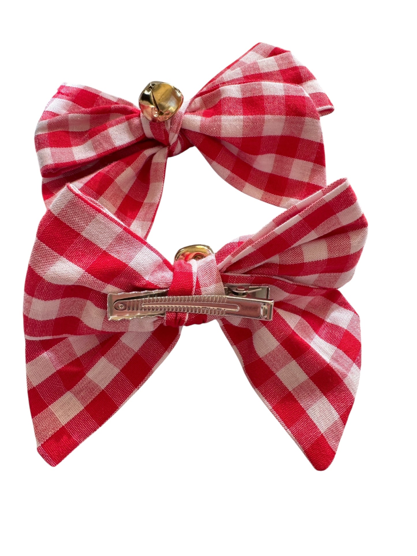 Red Checkered Jingle Hair Bow - Red Plaid Christmas Bow for Girls