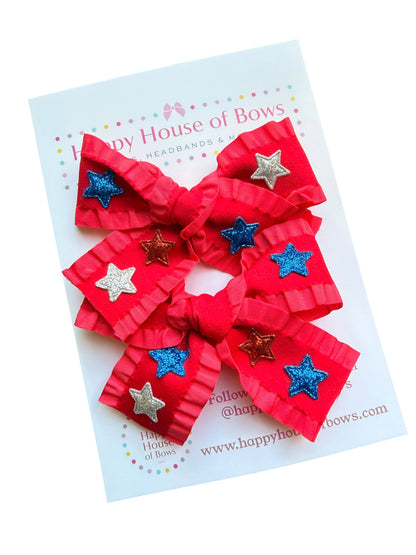 Patriotic Ribbon Hair Bows with Red, Blue & Silver Stars for Girls | 4th of July