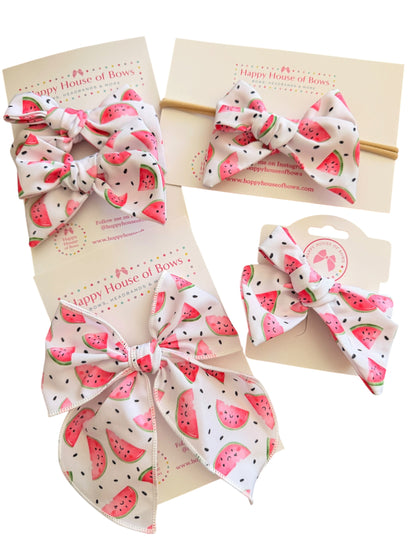 Pink Watermelon Hair Bow for Girls | Summer Alligator Clip & Pigtail Set