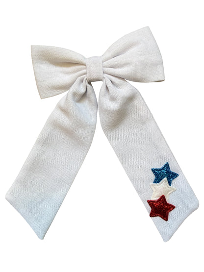 White Linen Star Hair Bow – Patriotic Long Tail Bow for 4th of July