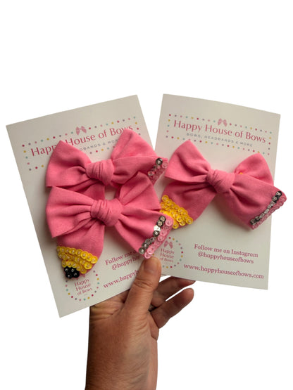 Pink Embellished Pencil Hair Bow for Little Girls – Back to School Alligator Clip