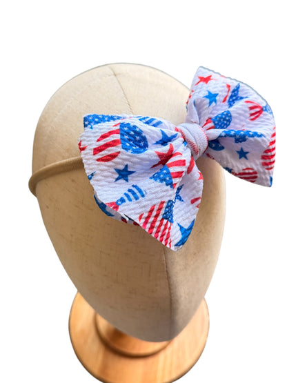 Patriotic Baby Headbands | Liverpool Fabric Bow on Soft Nylon Headband | 4th of July
