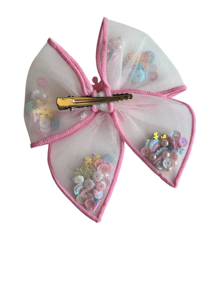 Pink Snowflake Shaker Hair Bows - Christmas Glitter Confetti Bows for Girls