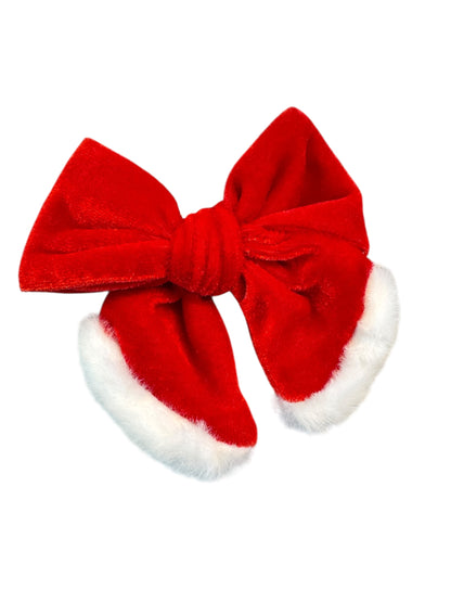 Red Velvet Santa Hair Bows with White Fuzzy Trim - Christmas Holiday Hair Accessories