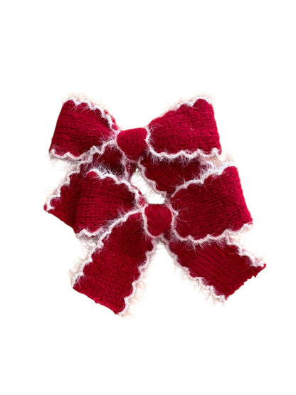 Knit and White Trim Pigtails Hair Bows for Girls - Soft Knit Pigtail Clips