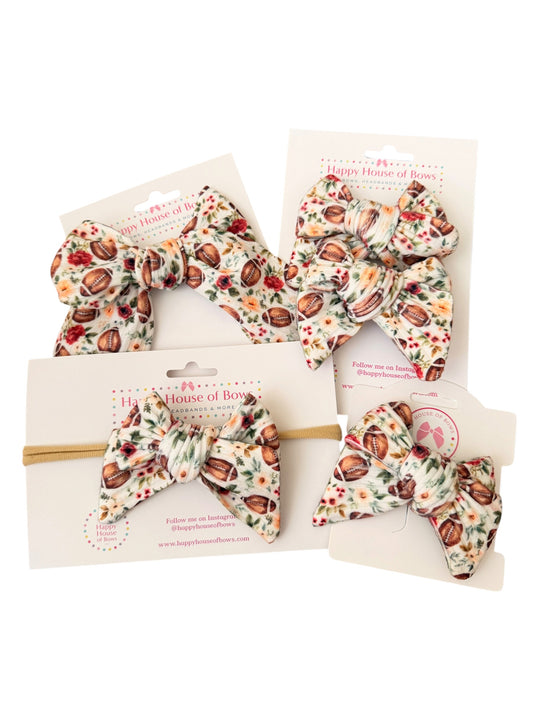 Cream Floral Football Hair Bows on Clip