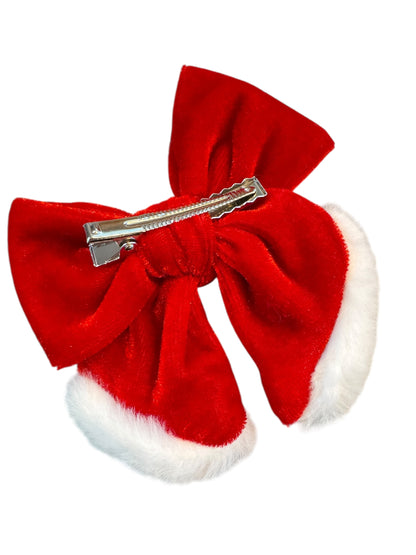 Red Velvet Santa Hair Bows with White Fuzzy Trim - Christmas Holiday Hair Accessories