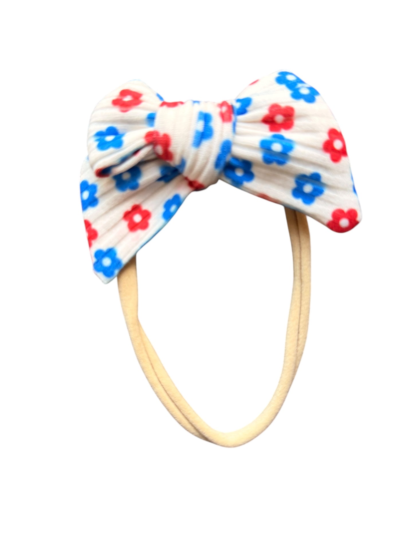 Patriotic Floral Hair Bows for Girls | White with Red & Blue Flowers | 4th of July