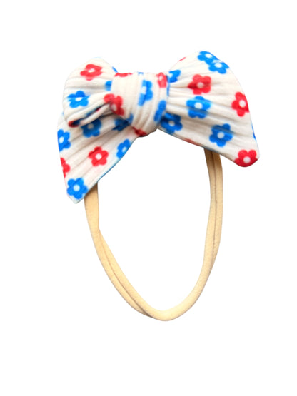 Patriotic Floral Hair Bows for Girls | White with Red & Blue Flowers | 4th of July