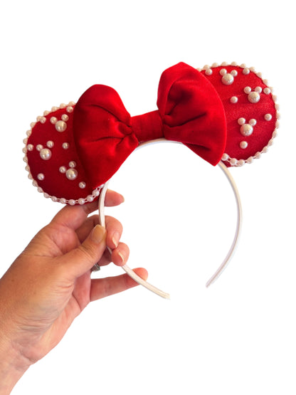 Velvet and Pearl Red Mouse Ear Headbands