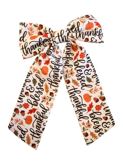 Thankful & Blessed Fabric Sailor Hair Bow – Thanksgiving Hair Bow for Girls