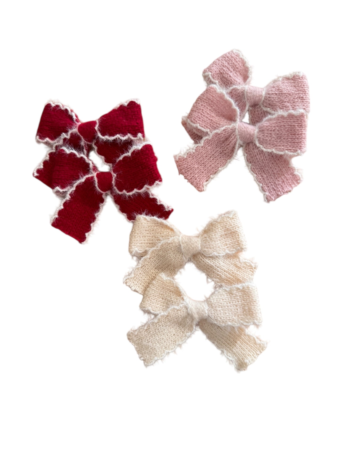 Knit and White Trim Pigtails Hair Bows for Girls - Soft Knit Pigtail Clips